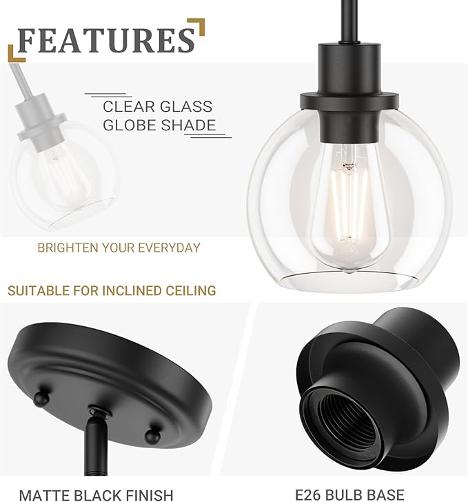 Ralbay Black Pendant Light Kitchen Island Industrial Pendant Light Fixtures with Globe Clear Glass Shade, Farmhouse Dining Room Hanging Lighting Fixture for Kitchen Island, Matte Black 2-Pack