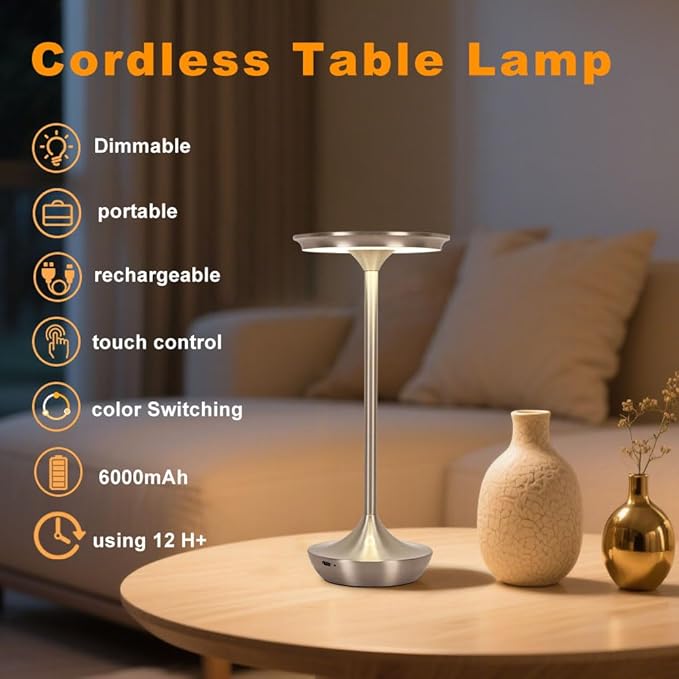 2 Pack LED Rechargeable Cordless Table Lamps,Portable Outdoor 6000 mAh Battery Operated Table Light Touch Control 3 Color Dimmable Waterproof for Patio/Cofee/Restaurant/Camping/Dining/ Bedroom-Silver
