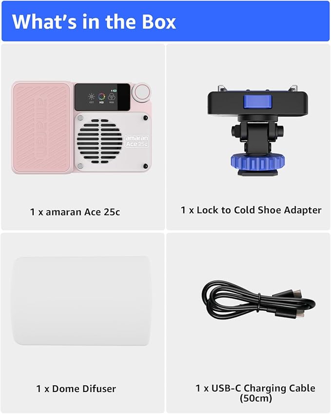 amaran Ace 25c Video Light,25w RGB Portable Light for Photography On-Camera Video Lights CRI/TLCI 95+,CCT 2,300K-10,000K,Rechargeable Dimmable Vlog Light,APP Control,PD Charging (Pink)