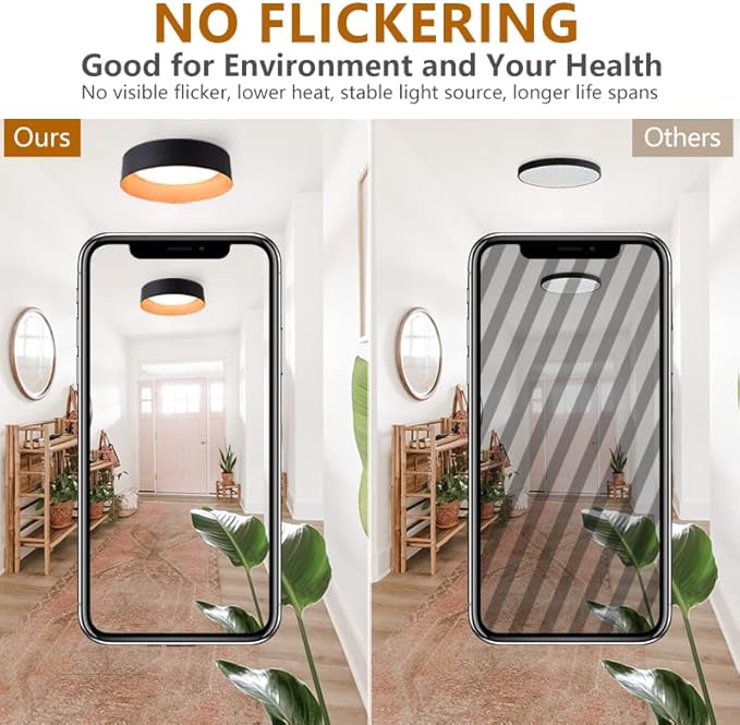 Bargeni Flush Mount Ceiling Light,13 inch Ceiling Light Fixtures,Matte Black with Wood Accent,3000K/Warm White/18W(100w Equiv.),Dimmable LED Lighting Fixtures Ceiling for Kitchen,Outdoor