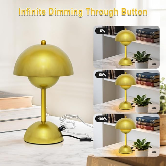 Mushroom Table Lamp with Golden Finish,Dimmable Desk Light with Rotary Knob for Bedroom Study Office Decor,30CM Adjustable Warm White Lighting,4W LED Minimalist Accent Lamp,E26 Bulb Included(G45)