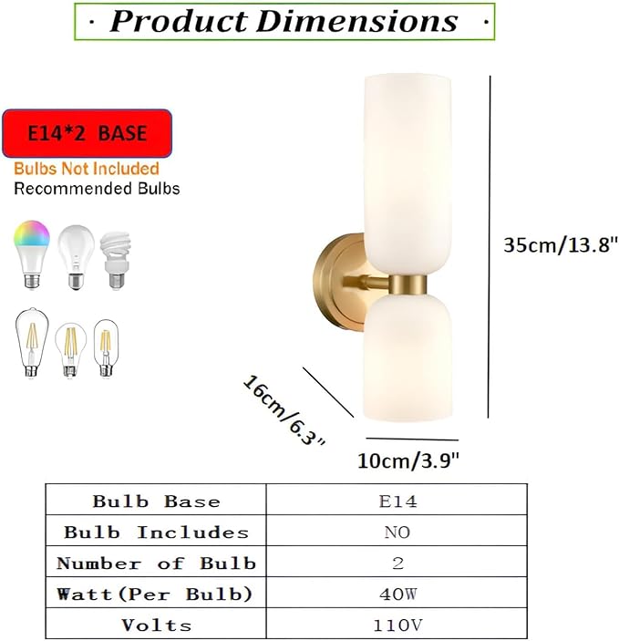 Gold Wall Sconces Mid Century Wall Light Modern Gold Wall Sconces Set of Two 2-Light Modern Wall Light Bathroom Vanity Light Milky White Glass for Bedroom Kitchen Dining Room (Gold)