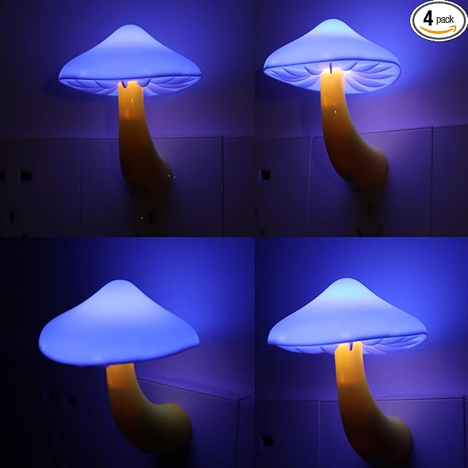 AUSAYE 4 Pack Plug in Night Light, Mushroom Light LED Nightlights for Kids, Adults, Bedroom, Bathroom,Hallway, Stairs, Kitchen Blue