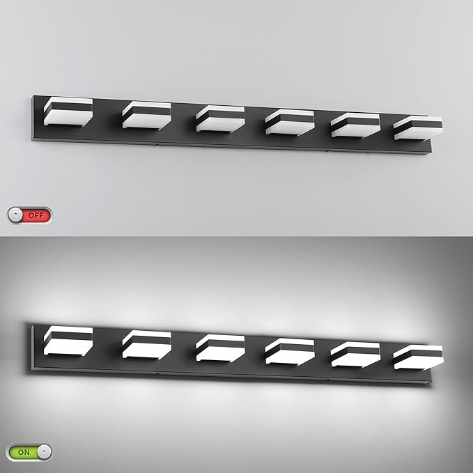SOLFART Matt Black Bathroom Lighting Fixture Over Mirror, Modern LED Vanity Light 6 Lights Cool Light ND