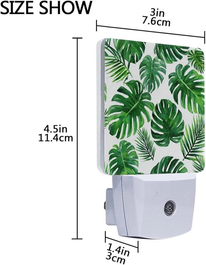 Vdsrup Summer Palm Leaves Night Light Set of 2 Tropical Jungle Plug-in LED Nightlights Auto Dusk-to-Dawn Sensor Lamp for Bedroom Bathroom Kitchen Hallway Stairs