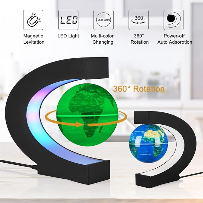 Levitating Globe with LED Lights, Multi-Color Changing Magnetic Levitation Globe Rotating Floating World Map Lamp Office Home Desk Decoration for Friend Birthday Gifts