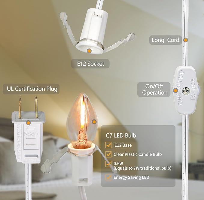 Accessory Cord with LED Night Lights - White Cord with On/Off Switch, Warm White C7 Bulbs and Spare Fuse for Holiday and Home Decoration