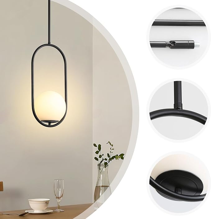 Yunnix 1-Light Modern Black Globe Pendant Lights Kitchen Island | Milk Glass Hanging Lamp for Kitchen Island, Dining Room, Bedroom, Living Room (Bulb Not Included)