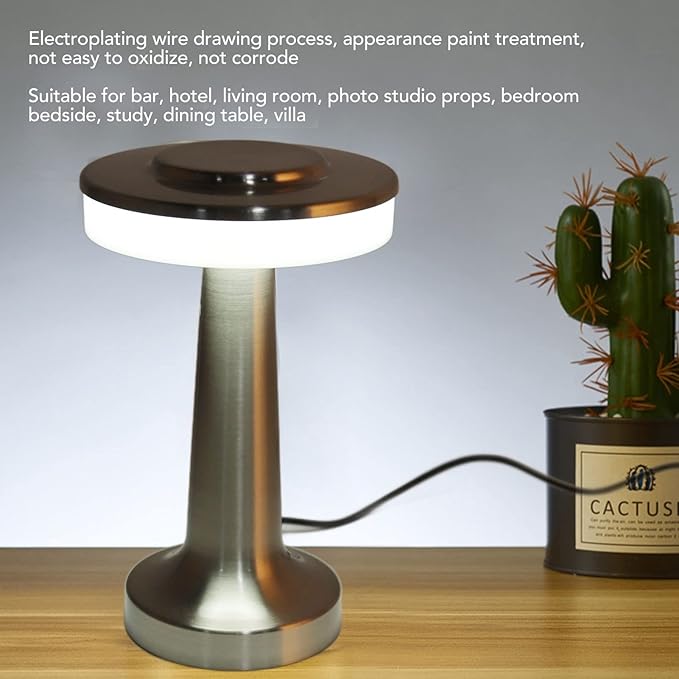 Cordless Table Lamp, Retro Style Touch Control 3 Color Adjustment Metal Paint Appearance LED Table Lamp Electroplating Wire Drawing Process Anti Oxidation Soft Light Portable Night Light(Silver)