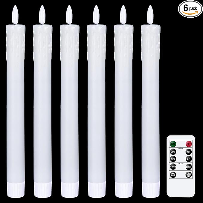 GenSwin Drip Wax Flameless Taper Candles Flickering with 10-Key Remote, Battery Operated Led Warm 3D Wick Light Window Candles Real Wax Pack of 6, Christmas Home Wedding Decor(White, 0.78 X 9.64 Inch)
