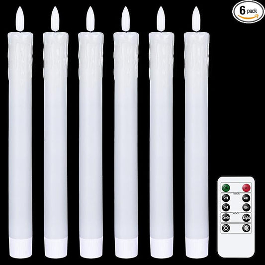 GenSwin Drip Wax Flameless Taper Candles Flickering with 10-Key Remote, Battery Operated Led Warm 3D Wick Light Window Candles Real Wax Pack of 6, Christmas Home Wedding Decor(White, 0.78 X 9.64 Inch)