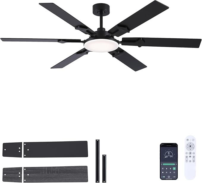 66 Inch Large Ceiling Fans with Lights and Remote, Black Modern Indoor/Outdoor Ceiling Fan for Living Room Kitchen Patio, 6 Speed Reversible DC Motor, 3 CCT Lighting, Dual Finish 6 Blades