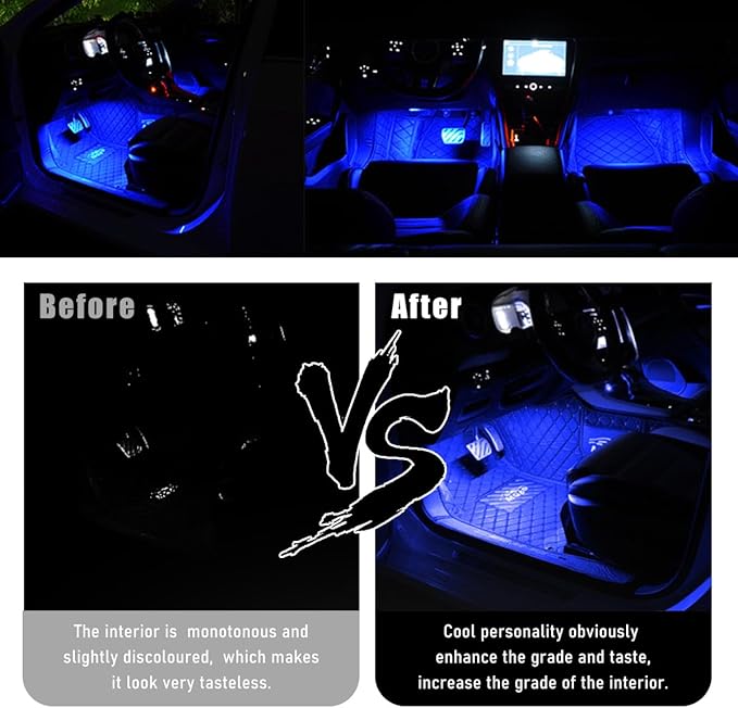 Car Interior LED Strip Light, 12V 24 LED Neon Ambient Night Light with Cigarette Lighter Plug, Automotive Atmosphere Decorative Under Dash Lighting Kit, Car Accessories (Blue)