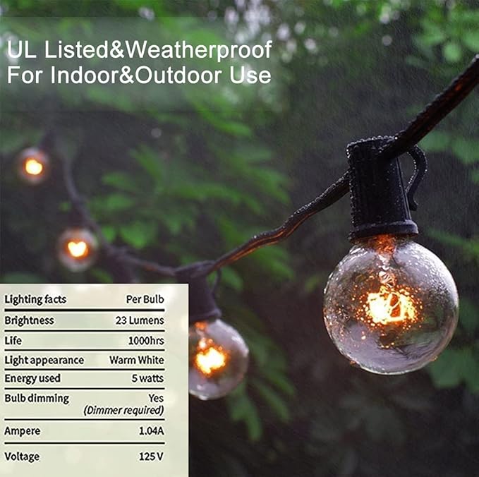 Abeja 25Ft Outdoor Patio String Lights, G40 Outdoor Globe String Lights with 27 Clear Bulbs, Hanging Light for Porch Backyard Deck Bars Wedding Indoor Decor, E12 Base, 5W Black Wire