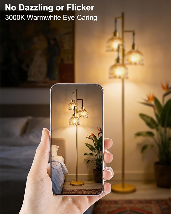 Gold Floor Lamps for Living Room, 3-Light Dimmable Floor Lamp with Brown Glass Shade& E12 Bulbs Included, 65'' Mid Century Tall Standing Lamp for Bedroom/Sofa Beside/Corner Decor