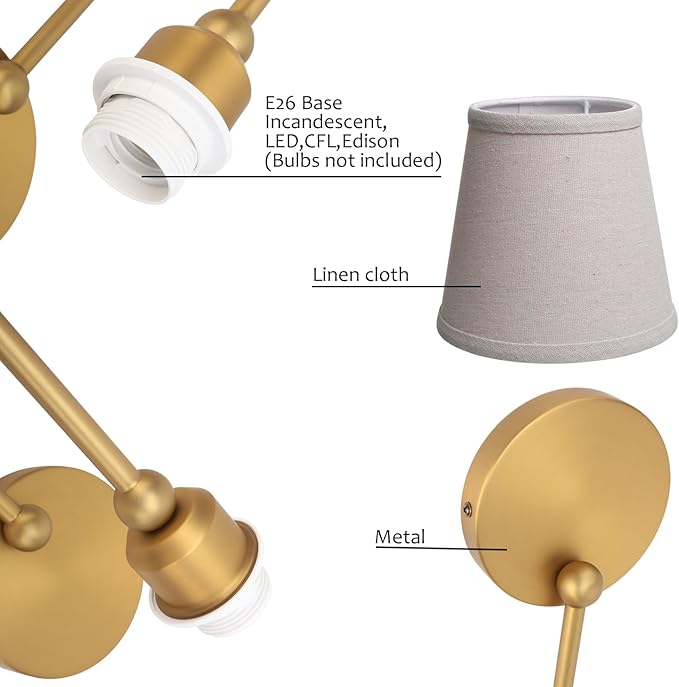 Pathson Antique Linen Fabric Wall Sconces Set of 2, Hardwired Curved Arm Bathroom Vanity Light, Indoor Wall Decor Lamp for Living Room, Kitchen, Bedroom, Foyer