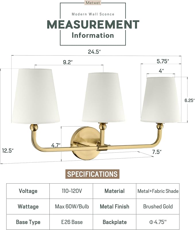 Bathroom Light Fixtures, Brushed Gold Vanity Lights with Beige Fabric Shade, 3-Light Wall Sconce, Modern Sconces Wall Lighting for Hallway Bedroom, VL837-BG-B-3