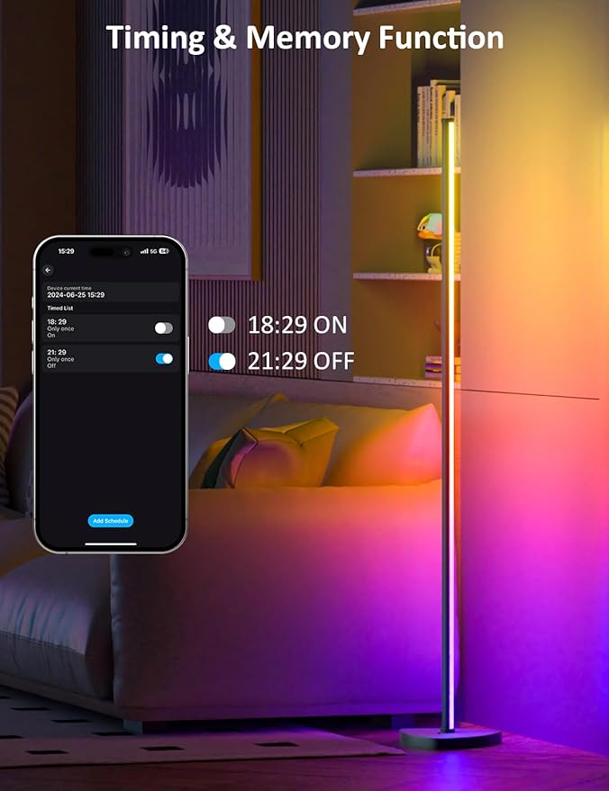 Corner Floor Lamp, 57.5" LED Corner Lamp with APP and Remote Control, 16 Million Colors & Dynamic Modes, Music Sync, Timing Function, Color Changing Ambient Light for Living Room, Bedroom, Gaming
