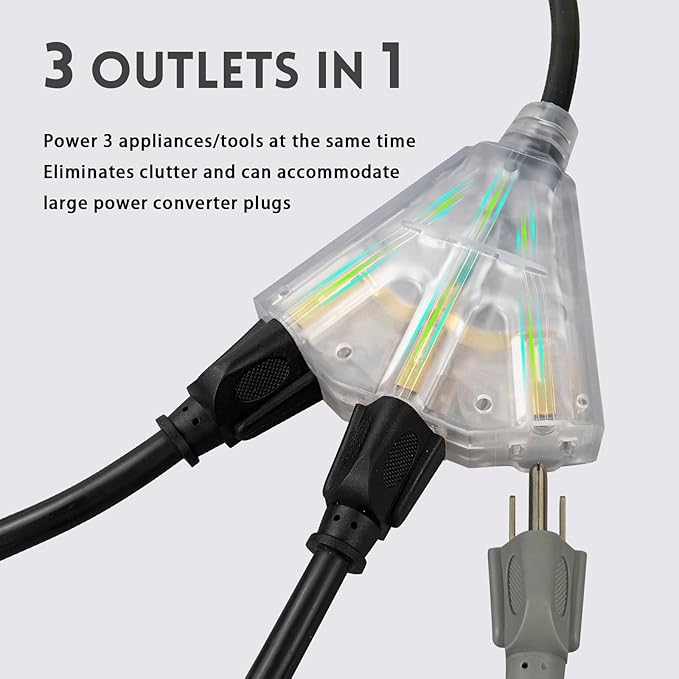 EP 50 Ft Lighted Outdoor Extension Cord with 3 Electrical Power Outlets - 14/3 SJTW Heavy Duty Black Extension Cable with 3 Prong Grounded Plug - Power Cord for Lawn, Garden, Appliances