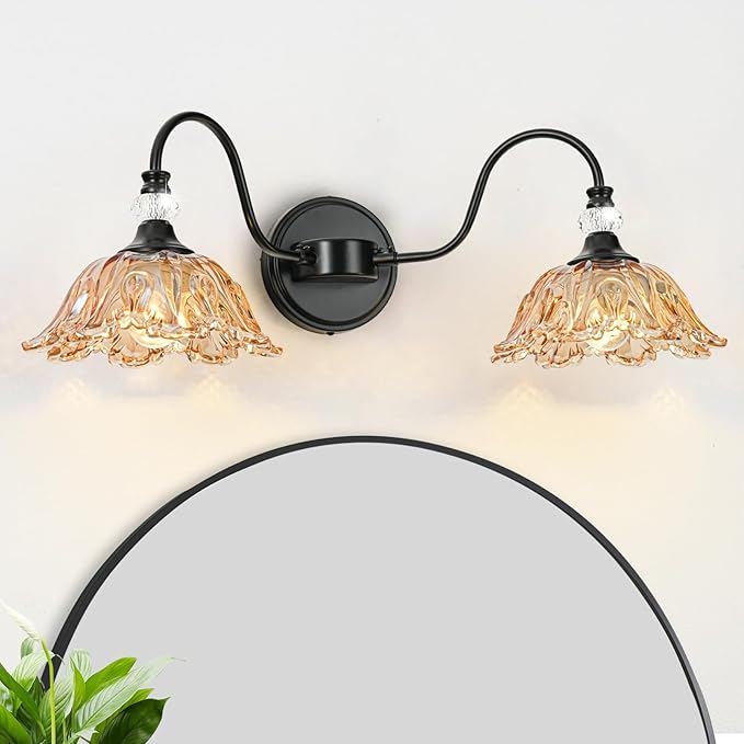 Black Bathroom Vanity Light, 2-Light Vanity Light with Floral Amber Glass Shades,Vintage Farmhouse Wall Mount Lighting for Bathroom, Dressing Table