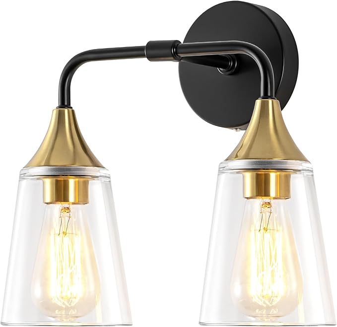2-Light Bathroom Vanity Light, Black and Gold Bathroom Lighting Fixtures Over Mirror with Clear Glass Shades, Modern Hardwired Wall Sconce Light for Bedroom Hallway