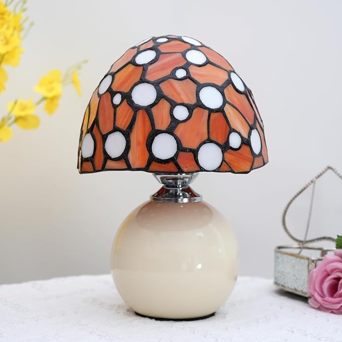 Orange Mushroom Lamp Bedroom Bedside retro Decor Art Nightstand unique Led Small Night Light Unique Esthetic Cute Kids Girls Vintage Home Ceramic Desk Tiffany Style Stained Glass Table Lamps