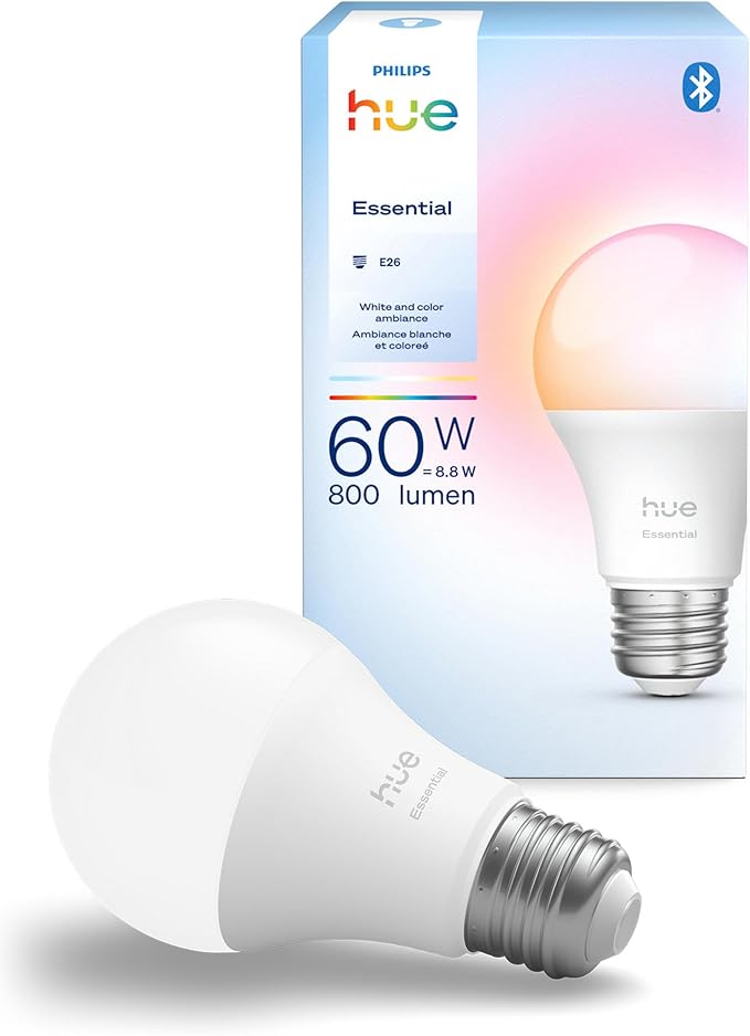Philips Hue Essential Smart LED A19 Bulb, White and Color Ambiance, E26 Base, 8.8W, 2200K-6500K, 800 Lumens, Dimmable, Works with Alexa, Google, and Apple Home, 1-Pack