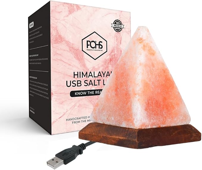 POHS Himalayan USB Mini Salt Lamp, 7 Color Changing LED Bulb, Hand Crafted Crystal Rock Salt Night Light for Home Decor, Desk, and Gift | Premium Quality Wood Base and USB Cable (Pyramid)