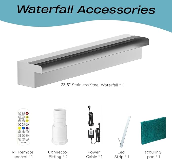 Pool Fountain Stainless Steel Waterfall with LED Lights - 23.6" LED Strip Remote Control with 18 Colors, Smooth Water Flow & Cascade Blade, Easy Installation for Outdoor, Garden, Patio & Ponds
