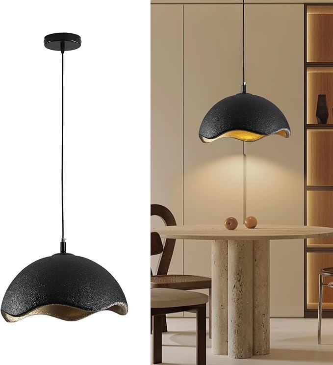 JAYMP 15.7" Modern Pendant Light for Dining Room Kitchen Island Hanging Lamp E26 Base Japanese Wabi-Sabi Style Bird Nest Shape Lighting Fixture, 1 Pack (Black + Gold,D Shape, 40cm/15.7inch)