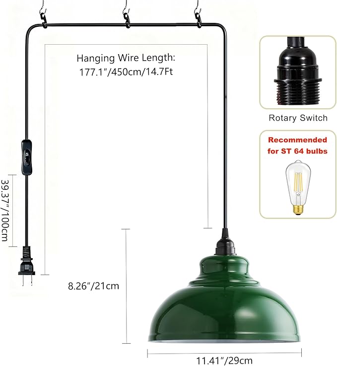 Plug in Pendant Light: Green Hanging Lamp Plug in, 14.7ft Swag Lamp Cord with On/Off Switch for Kitchen Island/Dining Room/Bedroom/Living Room Hanging Light, No Bulb