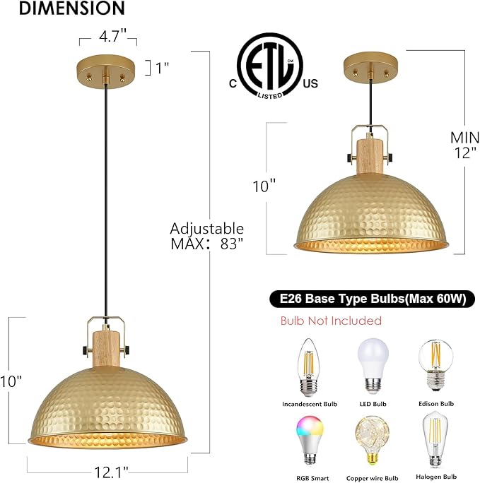 12 Inch Gold Pendant Lights Hammered Matte Pendant Lights for Kitchen Island Industrial Farmhouse Adjustable Height Dome Hanging Light Fixtures for Barn, Dining Room 3 Packs