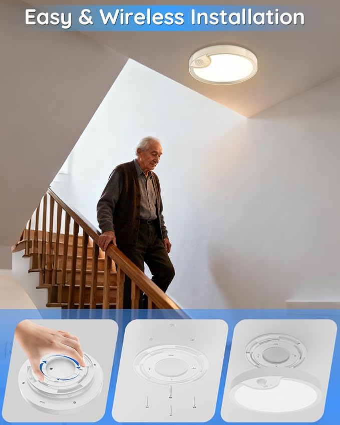 Rechargeable Motion Sensor Closet Light - IP54 Waterproof Shower Light Indoor, Wireless Battery Operated Ceiling Lights, 3CCT Cordless Motion Activated Light for Shower Bathroom Stairs Hallway