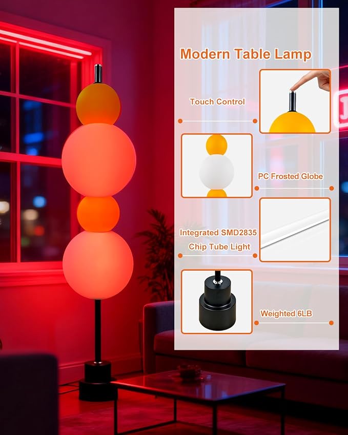 Yellow Globe Floor Lamp - Metal, RGB & 3000K Dimmable LED, Touch Switch, Modern Tall Standing Lamp for Bedroom, Living Room, Home Office