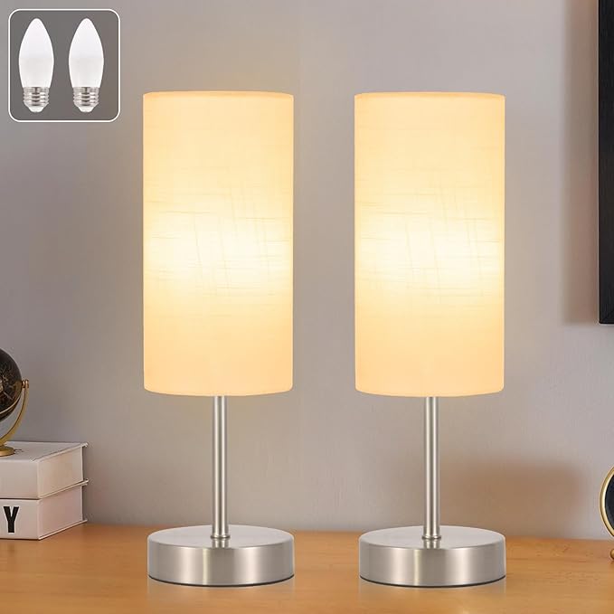 2 Pack Small Table Lamp for Bedroom, Bedside Lamp for Nightstand, Minimalist Modern Desk Lamp with Linen Fabric Shade for Living Room, Office, Kids Room, Dorm, LED Bulb Included