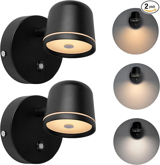 Aisilan Wall Sconce Set of 2, Hardwired Touch Dimmable Wall Light with 3 Color Temperatures, Adjustable 7W LED Wall Lamp CRI97, Modern Black Aluminum Sconce for Bedroom Bedside Hallway