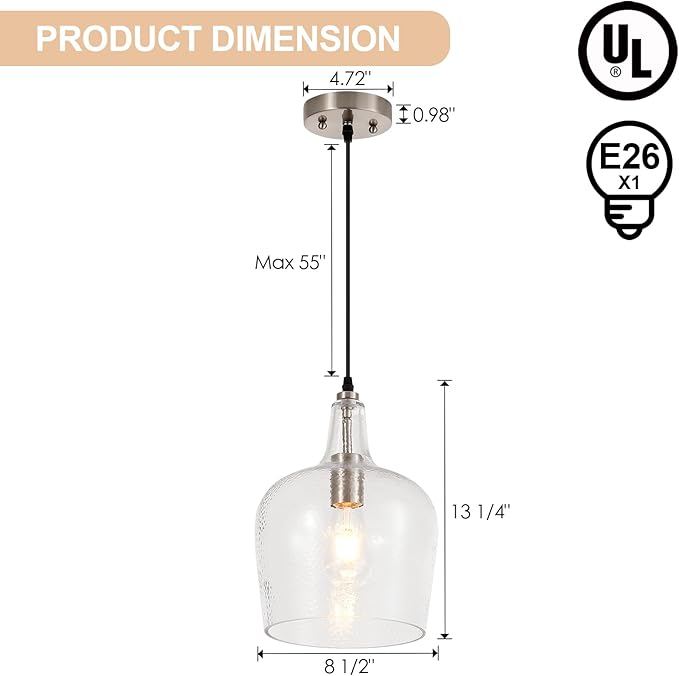 Large Hammered Glass Pendant Light Modern Brushed Nicklel 1 Light Single Dome Pendant Lighting Fixtures for Kitchen Island Dining Room Hallway, Dia 10 Inch, UL Listed