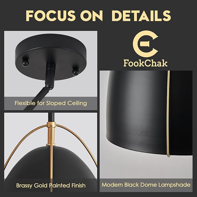Black Dome Pendant Light 10in Kitchen Island Pendant Lighting Modern Black & Gold Ceiling Pendant Light Fixture for Kitchen Sink Dining Room, E26