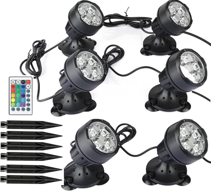 Pond Lights Colored with Timer, Submersible Fountain Light, RGB Underwater Dimmable Memory IP68 Waterproof Outdoor Spot Lights with Spiked Stand for Pond Fountain Waterfall Landscape(Set of 6)