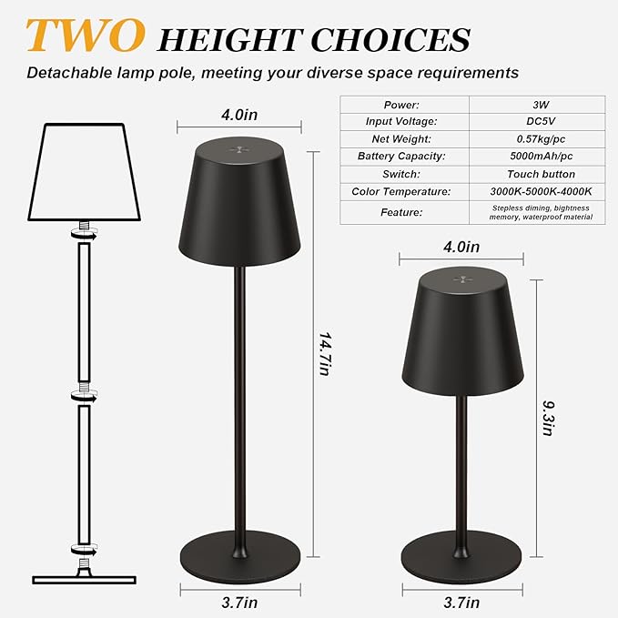 Kakanuo Cordless Table Lamp Rechargeable Black - KK 4 Pack Battery Operated Lamp for Dining Table, 3 Color Stepless Dimming Waterproof LED Wireless Lamp for Counter, Outdoor Patio, Touch Control