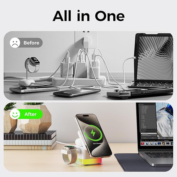 15W Magnetic Wireless Charging Station,XO 3-in-1 Wireless Charging Station with Night-Lamp for Phone 16/15/14/13/12,Watch,air-pods,Fast Charge Multiple Devices