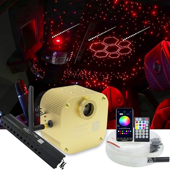 AZIMOM Bluetooth/App Control 16W Twinkle Fiber Optic Light Star Ceiling Lighting Kits with Shooting Star Effect Meteor Remote Music Mode RGBW 550pcs Fiber Strands for Home Car Interior Decoration