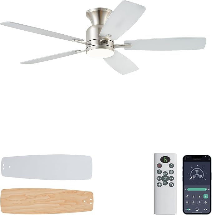 KNUN 52 Inch Ceiling Fans with Lights,Flush Mount Ceiling Fan with Remote/APP Control, 3CCT Dimmable, Double-Sided Blades, Reversible Motor, Low Profile Ceiling Fans for Living Room Bedroom(Nickel)