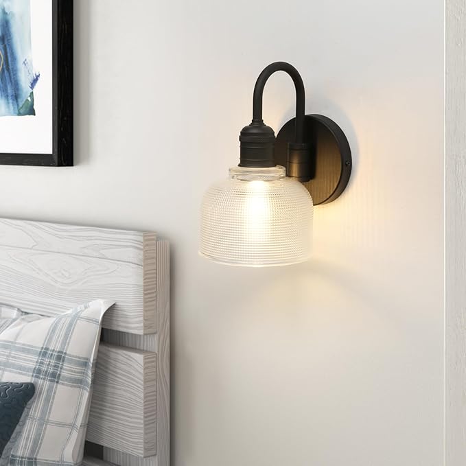 Yosoan Brass Boho Vintage Wall Sconce with Striped Shade, 1-Light Modern Vanity Light Industrial Single Wall Mounted Hardwired Bowl Texture Glass Shade for Living Room Bedroom Kitchen Hallway(Black)