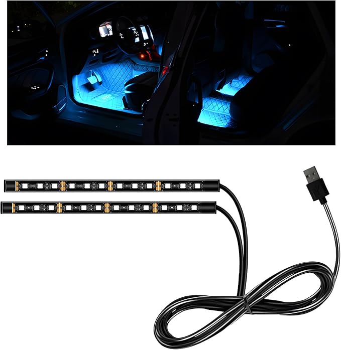 Car LED Strip Light, 12V 24 LEDs Auto Interior Atmosphere Lamp with USB Port, Vehicle Under Dash Ambient Neon Night Light Decorative Strip, Universal Car Accessories (Ice Blue)