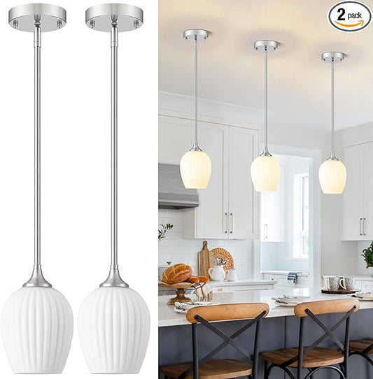 Brushed Nickel Pendant Lights Kitchen Island 2 Pack, 5.8" Modern Milk Glass Pendant Light Fixtures with Rods, Mini Hanging Lighting for Kitchen Island Sink Bathroom Dining Room, E26 Base