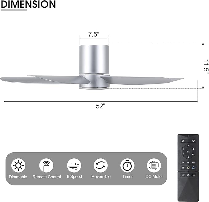 52" Outdoor Ceiling Fan with Light and Remote, ABS Blades, Low Profile Flush Mount Ceiling Fan, Dimmable LED light, Noiseless Reversible DC Motor, for Bedroom/Living Room/Porch (Silver)