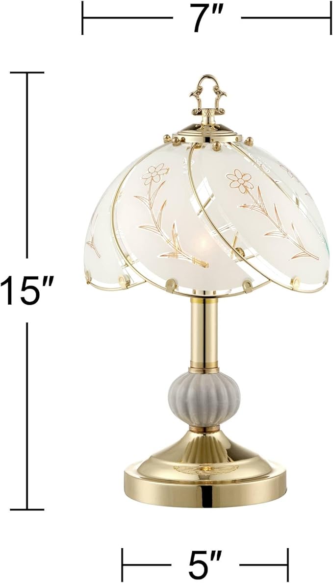 Regency Hill Traditional Accent Table Lamp 15" High Polished Brass Gold Floral Etched Art Glass Shade Touch On Off Cottage Core Decor for Bedroom House Bedside Nightstand Home Office