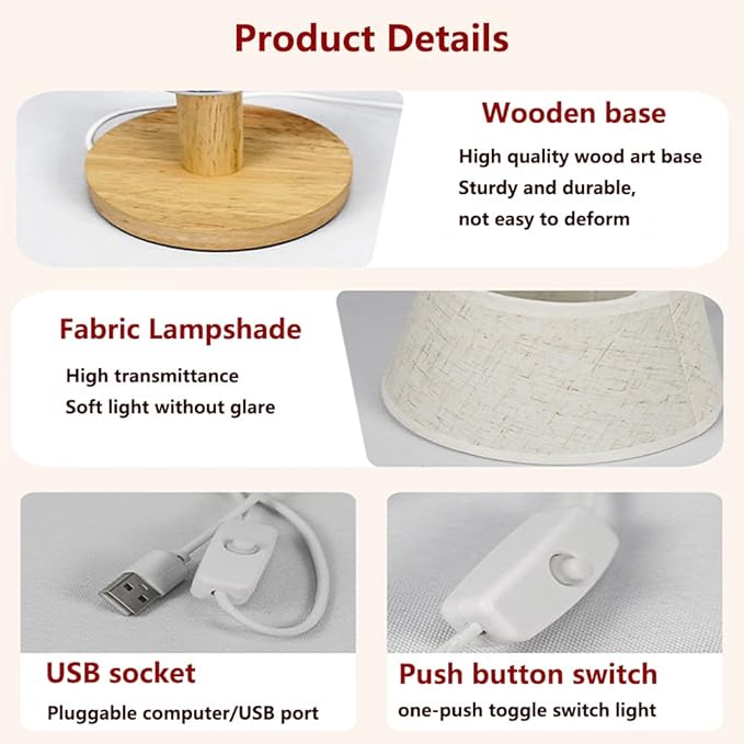 DBKMPZ Small Table Lamp,Bedside Table Lamp,Vintage Lamp,Wooden Bedside Lamp Simple Bedroom Lamp Linen Shade Mini Desk Lamp Night Light Nightstand Lamp for Bedroom,Living Room,Kids Room