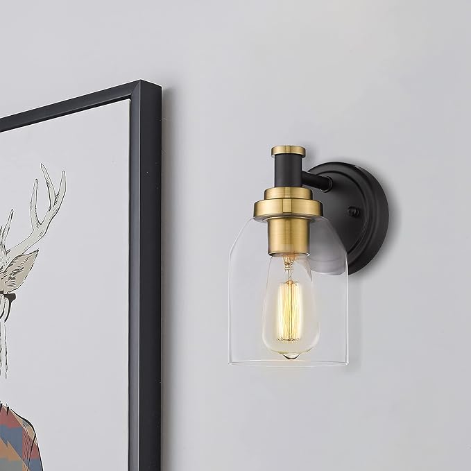 zeyu 1-Light Bathroom Sconces Wall Lighting, Modern Vanity Wall Lamp, Black and Gold Finish with Clear Glass Shade, ZG33B BK+BG